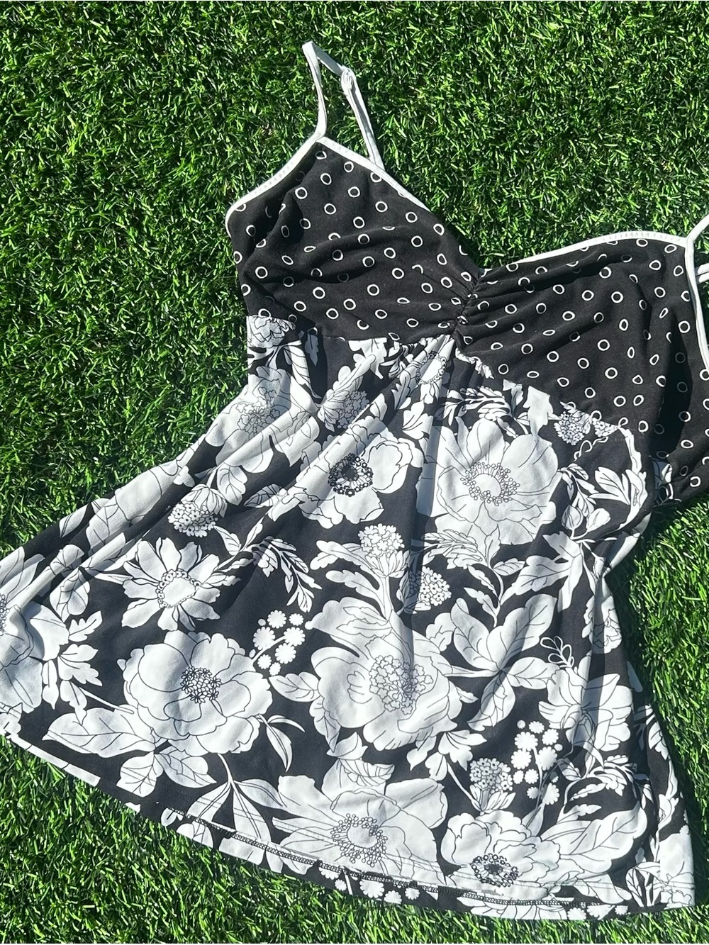 Black & White Floral Camisole Tank with Polka Dot Bodice